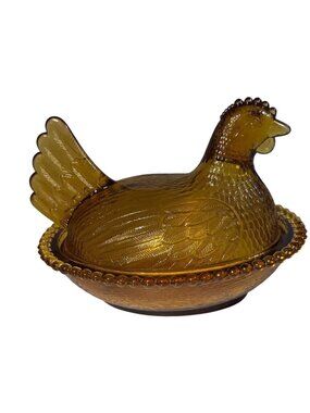 Amber Glass Hen On Nest Covered Candy Dish Vintage Decorative Bowl 7" Beaded Rim